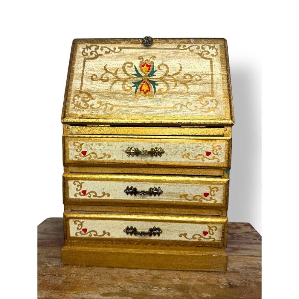 Vintage Florentine Musical Jewelry Box Gold Secretary Desk‎ Wood 1960s Japan